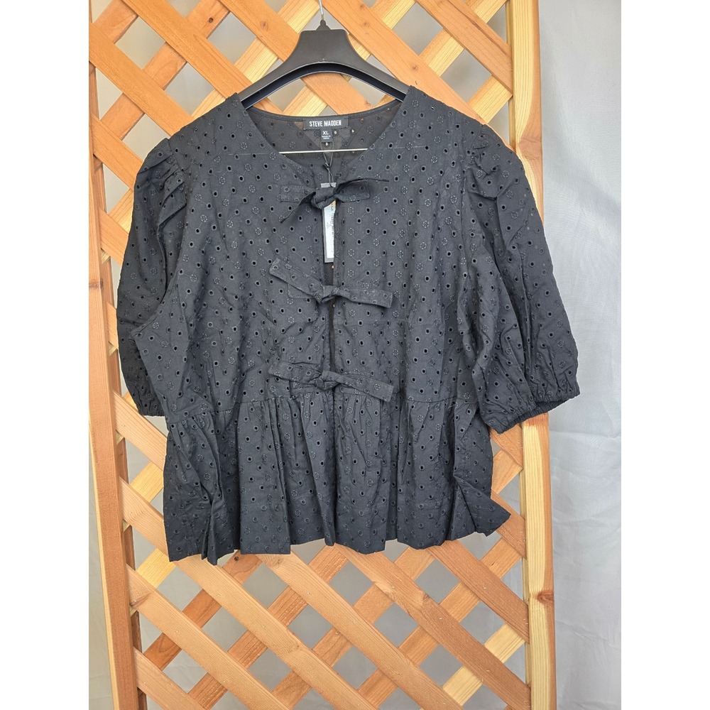 Steve Madden Paula Eyelet Top Womens XL Black Bow Front Peplum - NEW